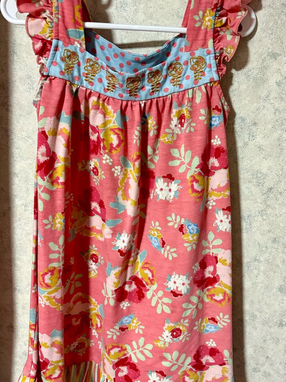 Matilda Jane Coral Floral Sundress with Blue Polka Yoke